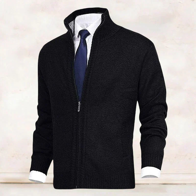 Men's knit cardigan with mock neck, full zip front and two zipped pockets