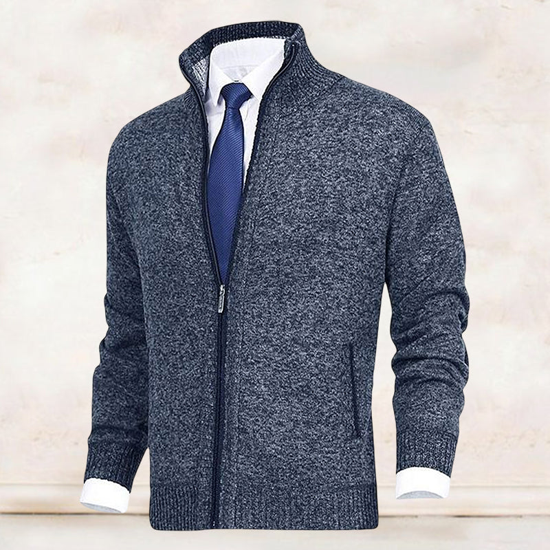 Men's knit cardigan with mock neck, full zip front and two zipped pockets