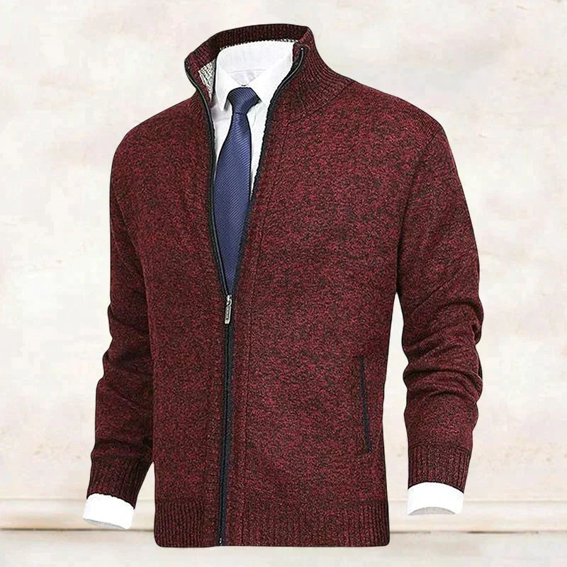 Men's knit cardigan with mock neck, full zip front and two zipped pockets