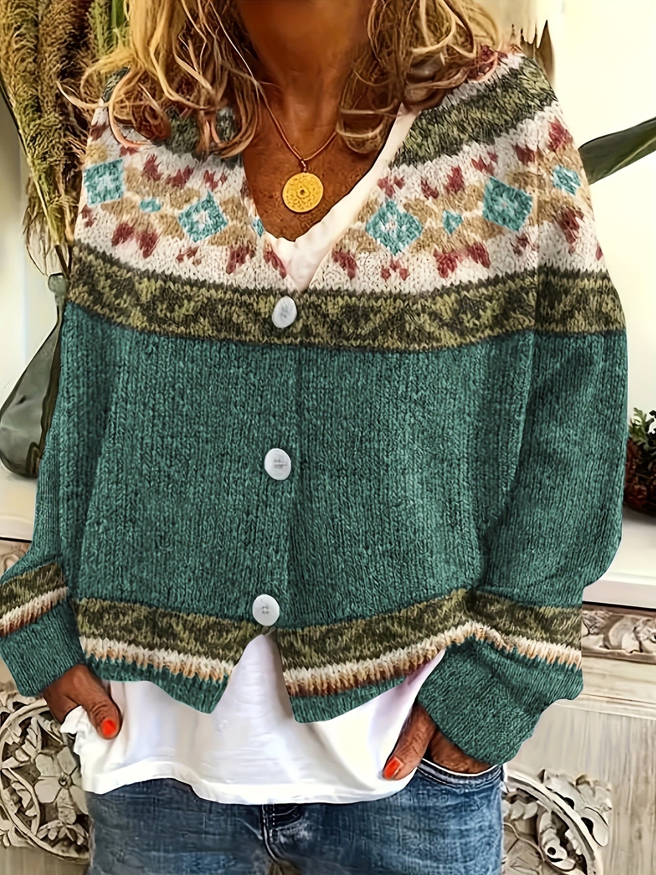 Women's geometric knit cardigan with V-neck, buttons and long sleeves