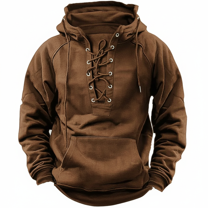 Men's lace-up hooded sweatshirt with long sleeves and kangaroo pocket