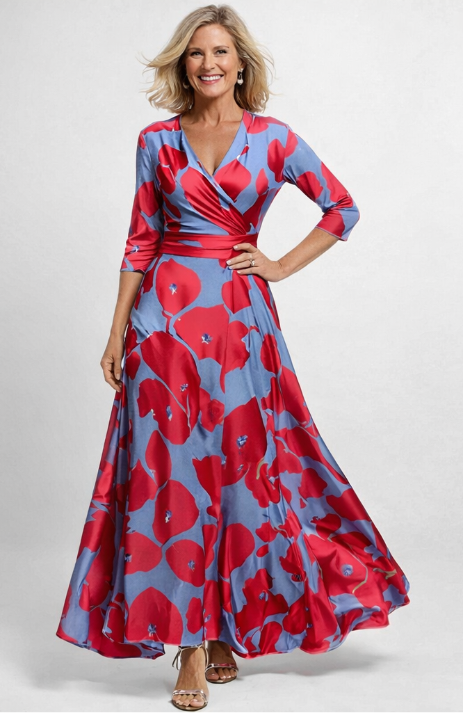 Women's floral wrap maxi dress with V-neckline and three-quarter sleeves