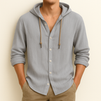 Hooded button-front shirt with long sleeves and curved hem