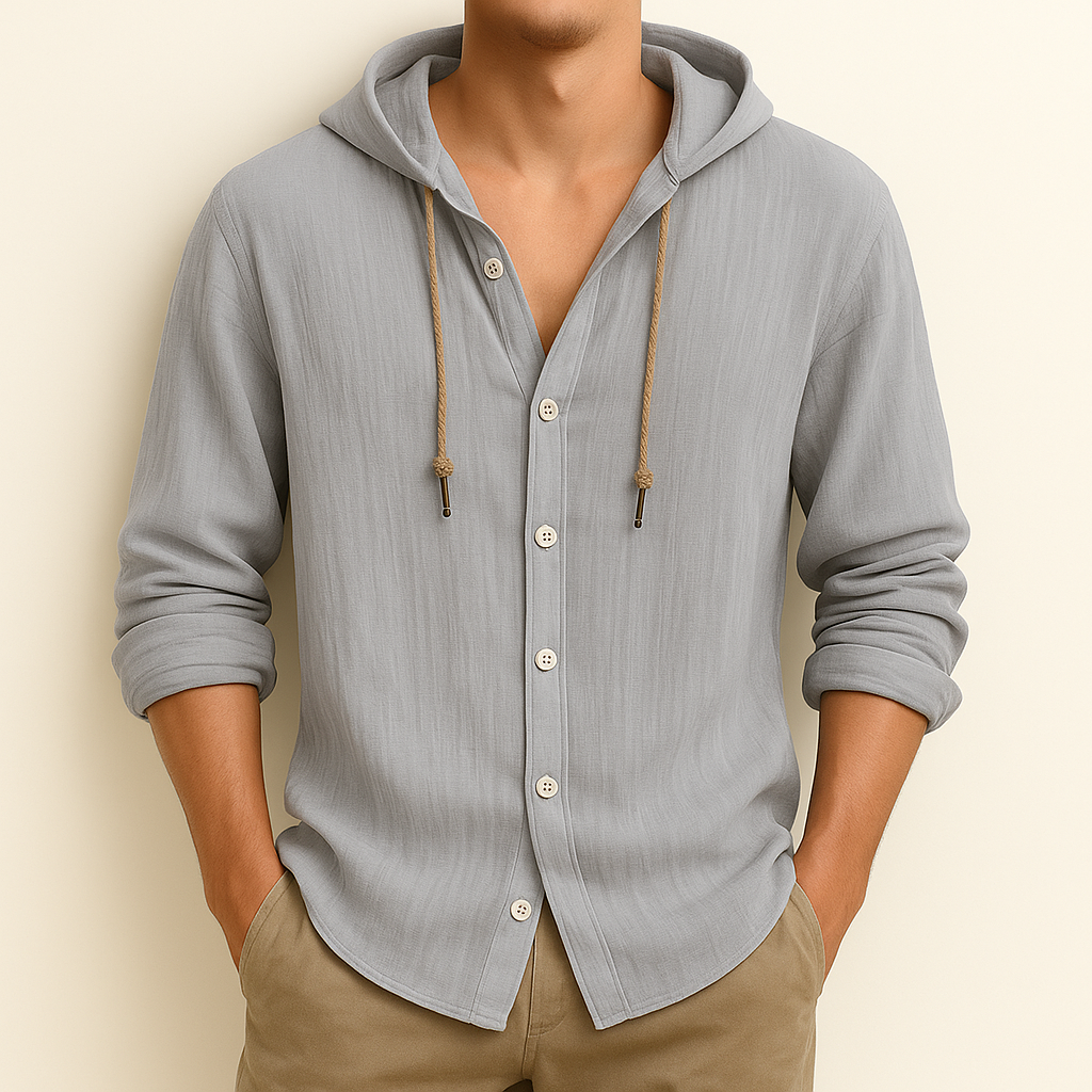 Hooded button-front shirt with long sleeves and curved hem