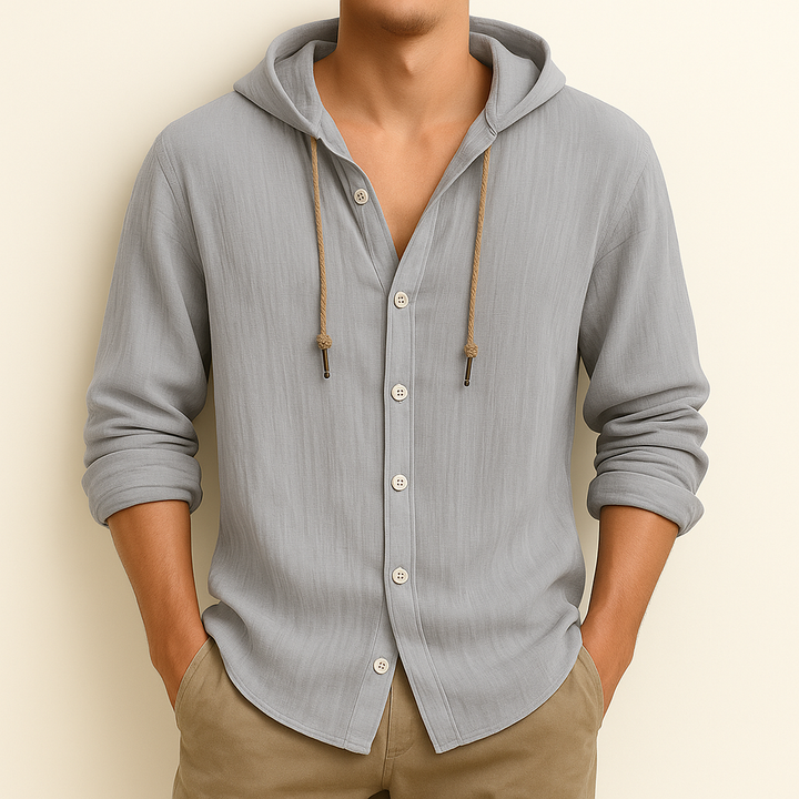 Hooded button-front shirt with long sleeves and curved hem