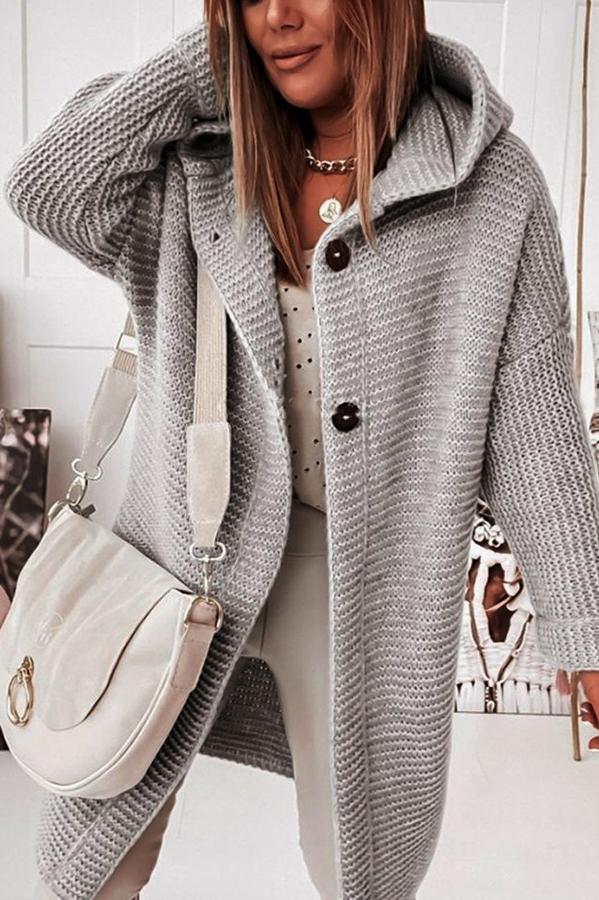 Women's longline hooded button cardigan with textured knit finish