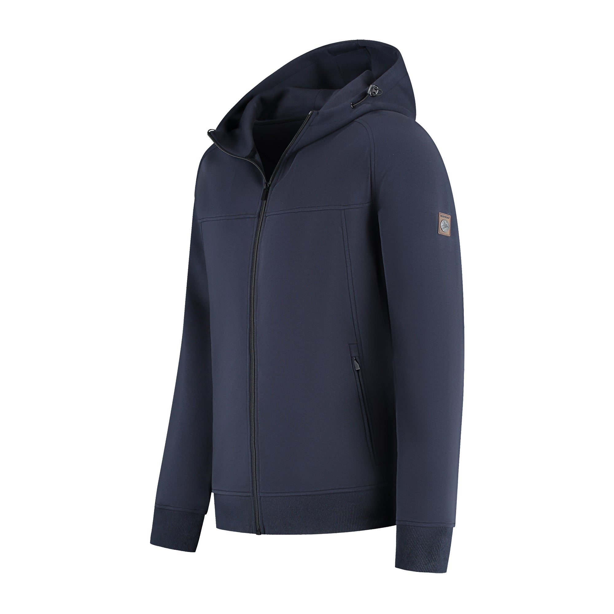 Men's navy hooded zip cardigan with long sleeves