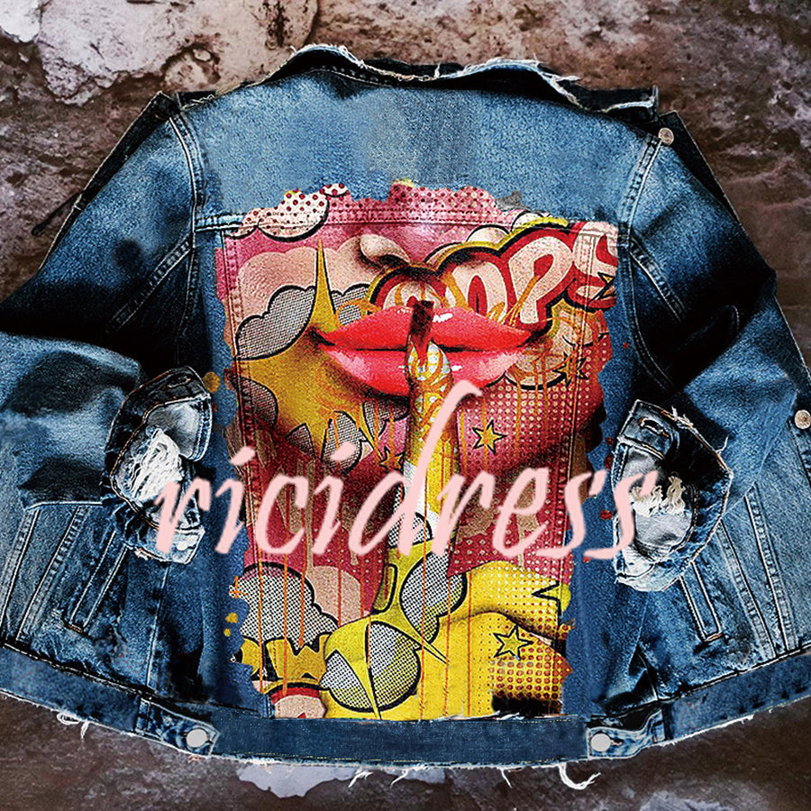 Women's long-sleeve denim jacket with colourful Halloween graphic back print
