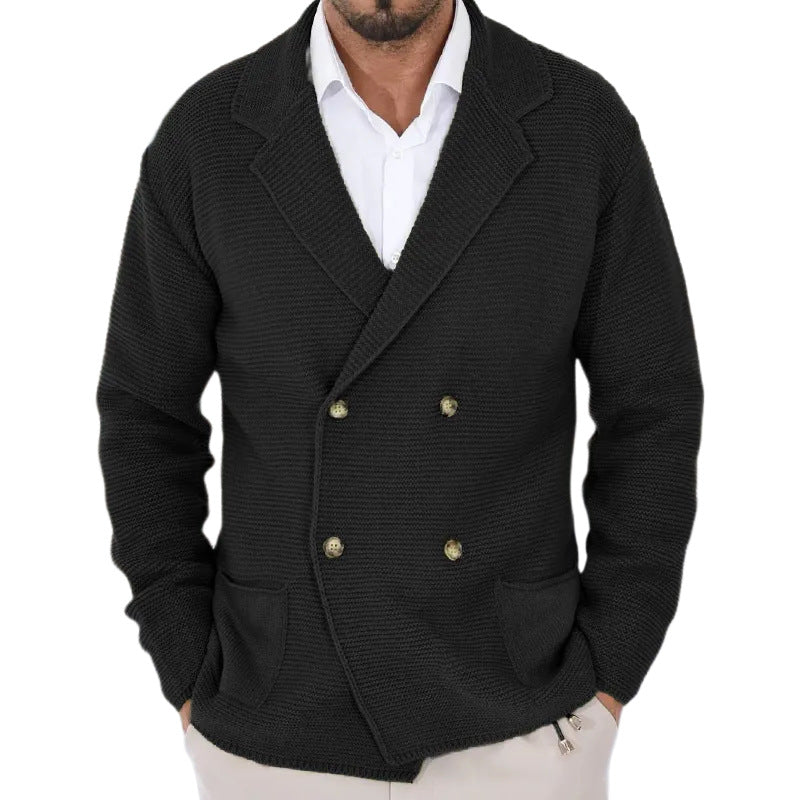 Men's double-breasted knitted cardigan with notched lapels and patch pockets