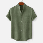 Men's textured short sleeve shirt with mandarin collar and chest pocket