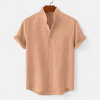 Men's textured short sleeve shirt with mandarin collar and chest pocket