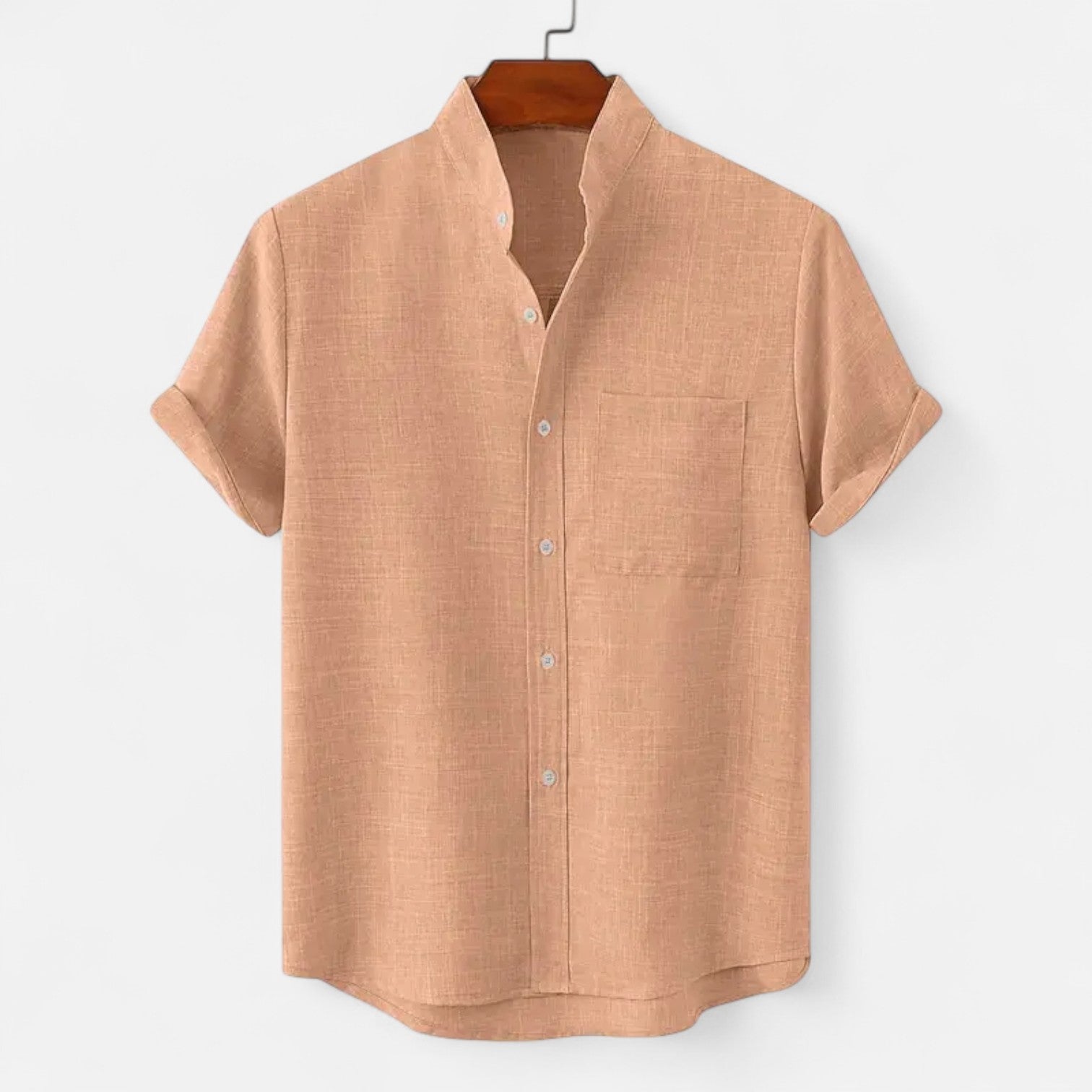 Men's textured short sleeve shirt with mandarin collar and chest pocket