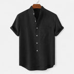 Men's textured short sleeve shirt with mandarin collar and chest pocket