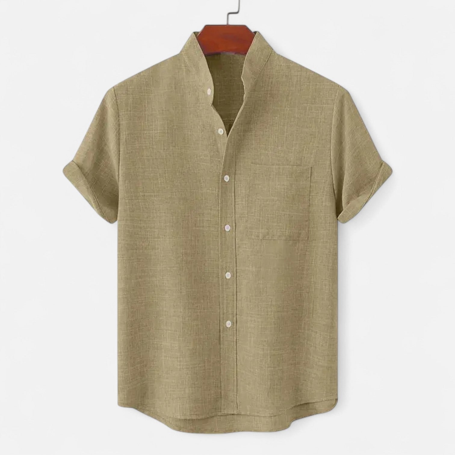 Men's textured short sleeve shirt with mandarin collar and chest pocket