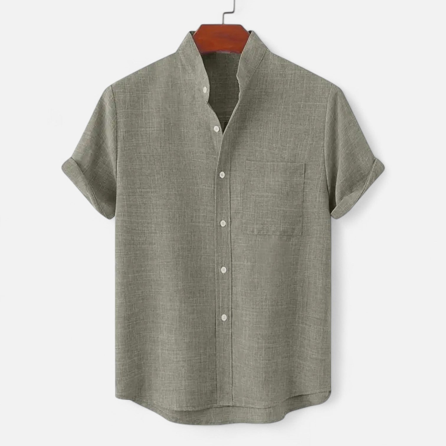 Men's textured short sleeve shirt with mandarin collar and chest pocket