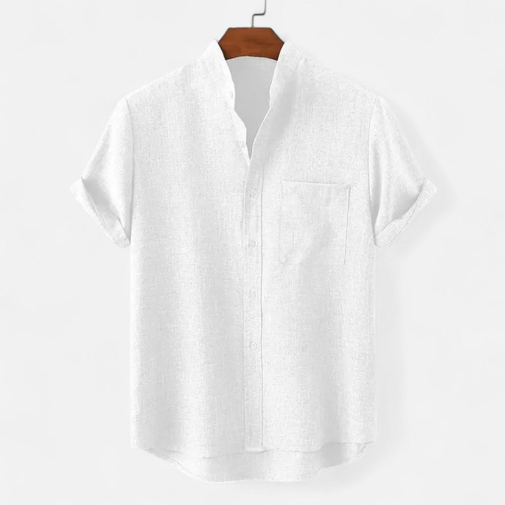 Men's textured short sleeve shirt with mandarin collar and chest pocket
