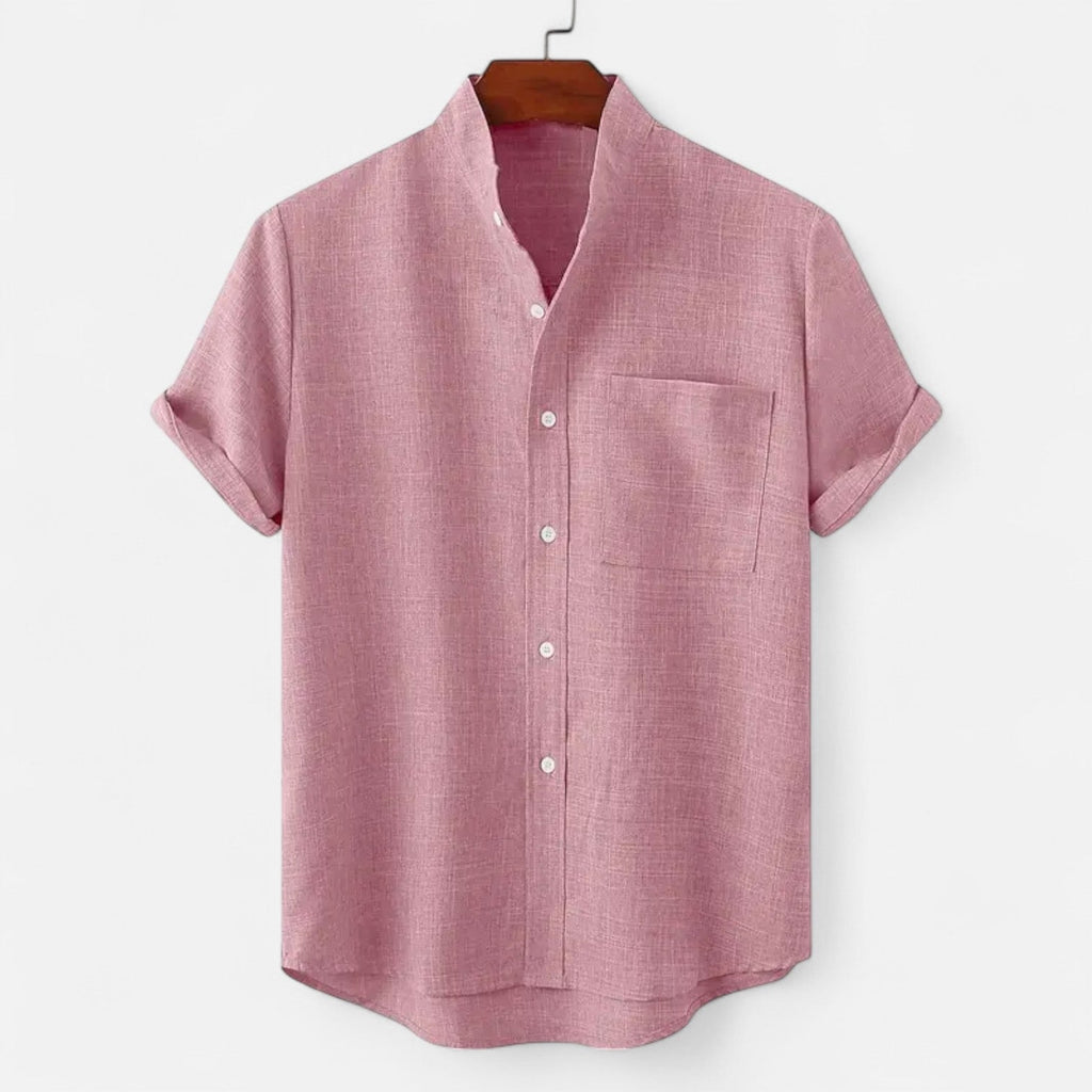 Men's textured short sleeve shirt with mandarin collar and chest pocket