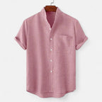 Men's textured short sleeve shirt with mandarin collar and chest pocket