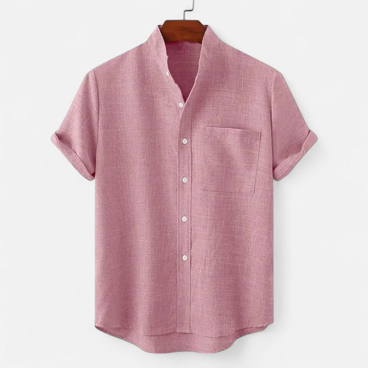 Men's textured short sleeve shirt with mandarin collar and chest pocket