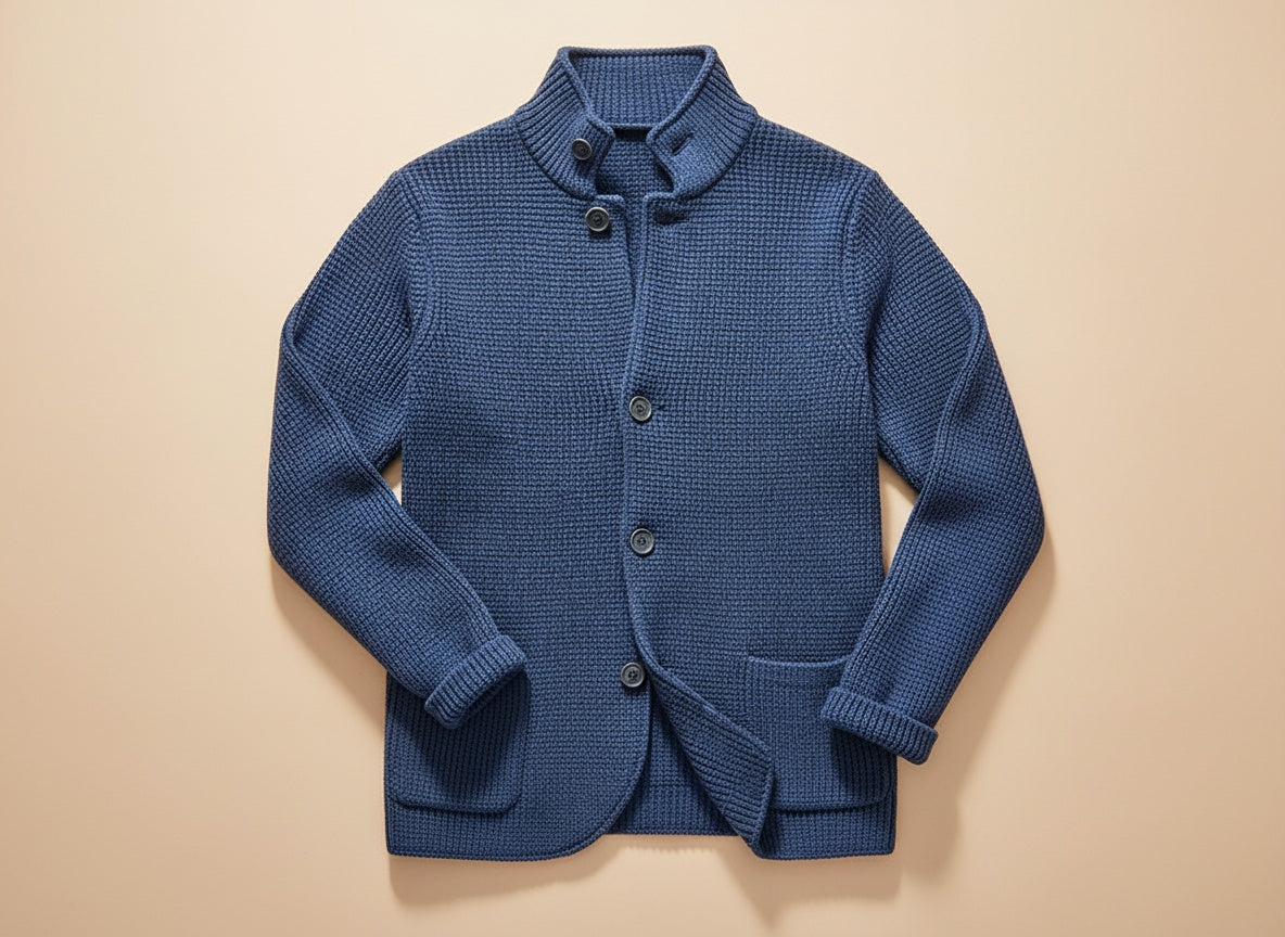 Men's textured knitted buttoned cardigan with shawl-style collar and front patch pockets