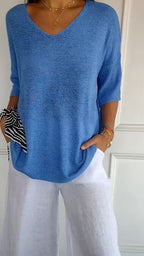 Women's solid-colour knitted V-neck top with long sleeves