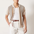 Men's beige knitted polo shirt with vertical stripes and buttons