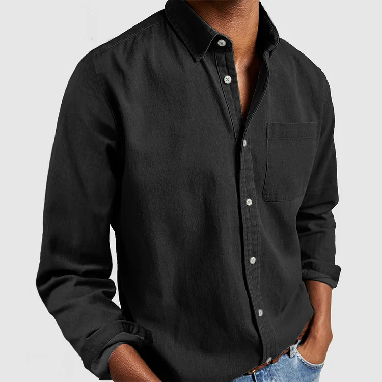 Men's long-sleeve button-up shirt with point collar and chest pocket