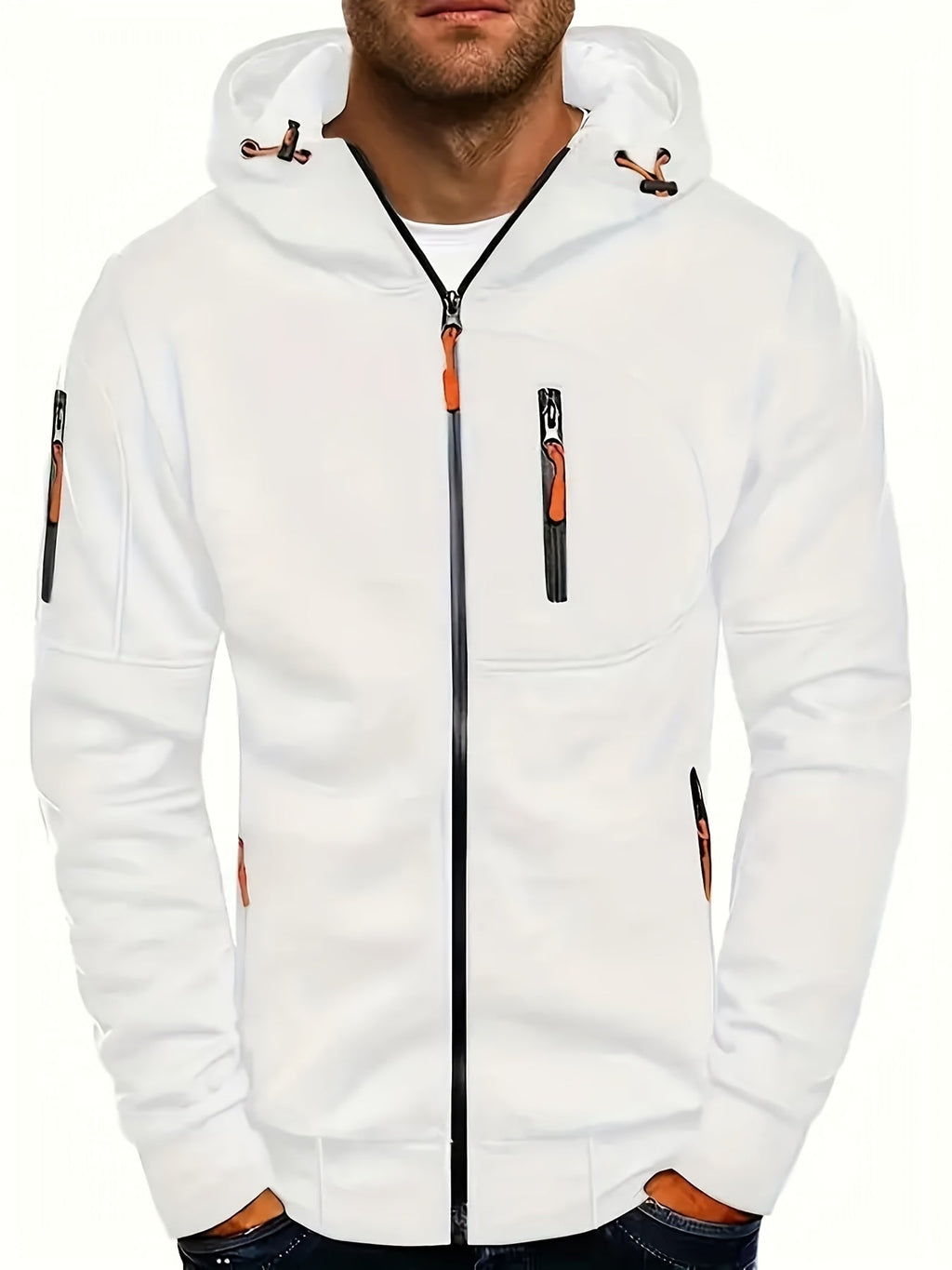 Men's hooded full-zip jacket with multiple zipped pockets and ribbed trims