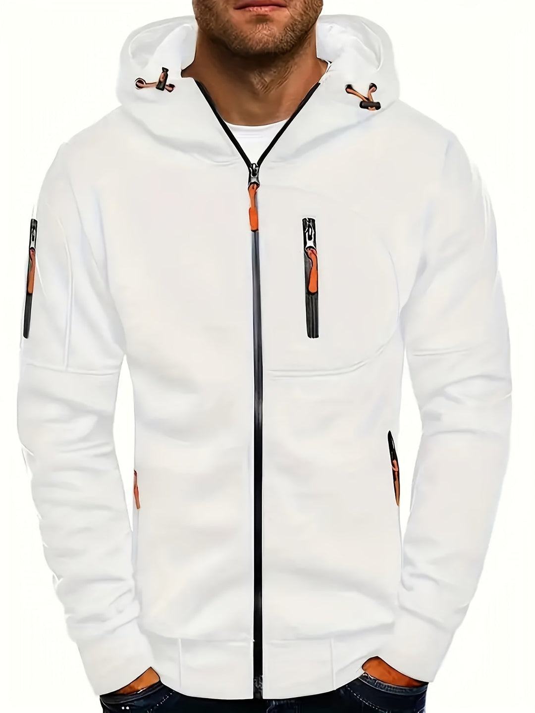 Men's hooded full-zip jacket with multiple zipped pockets and ribbed trims