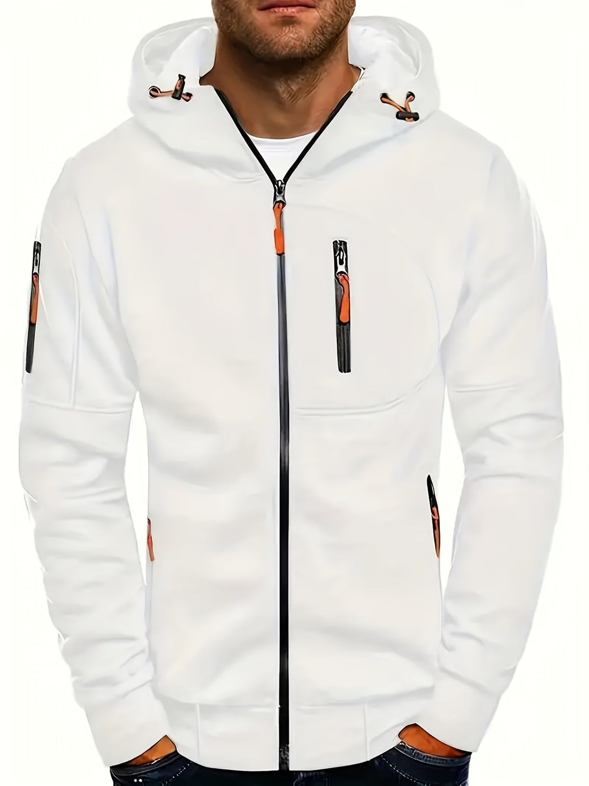 Men's hooded full-zip jacket with multiple zipped pockets and ribbed trims