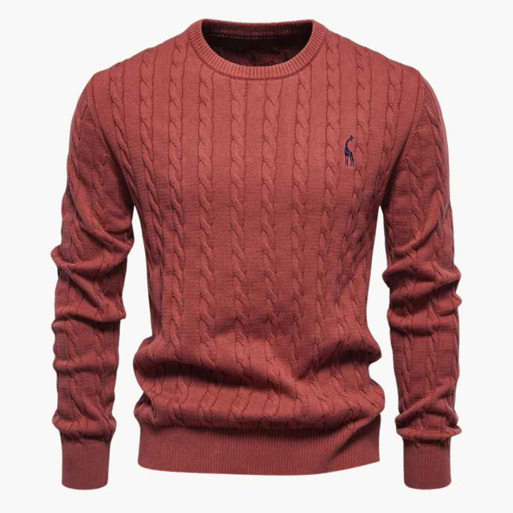 Men's cable-knit jumper with crew neck, long sleeves and chest emblem