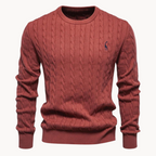 Men's cable-knit jumper with crew neck, long sleeves and chest emblem