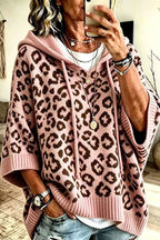 Women's leopard print hooded sweater with three-quarter sleeves