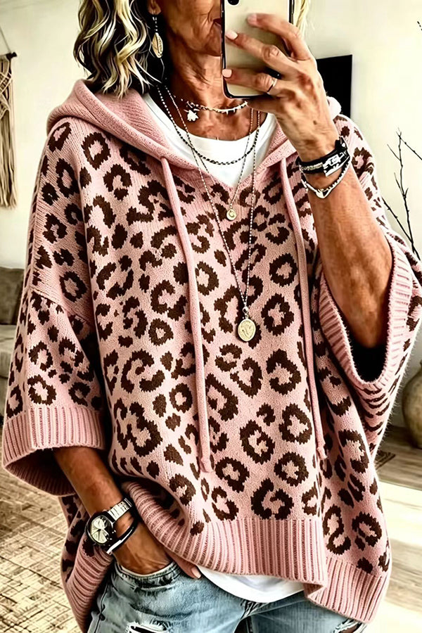 Women's leopard print hooded sweater with three-quarter sleeves