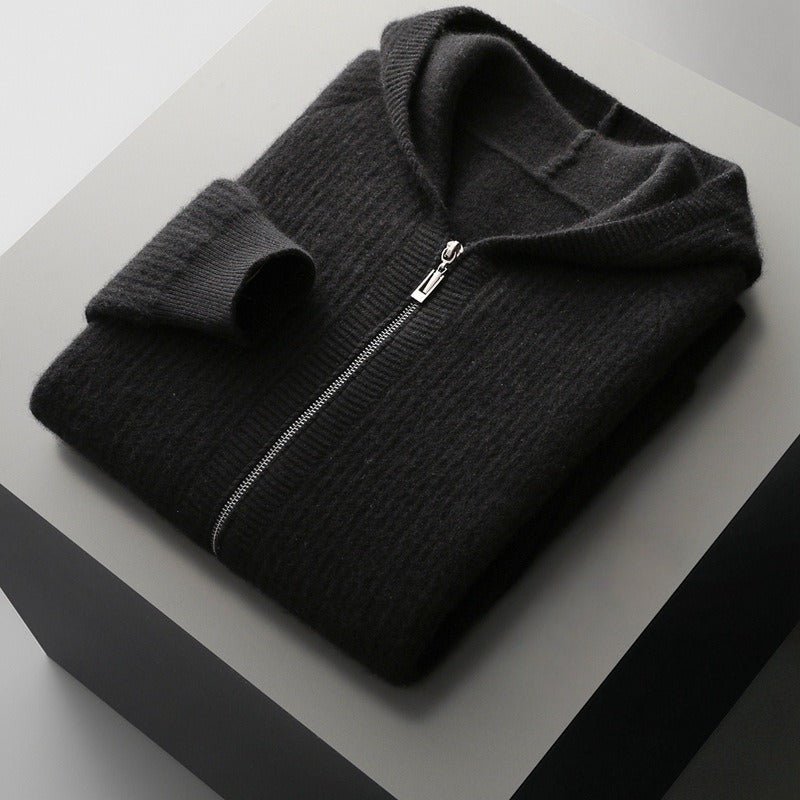 Men's textured hooded zip cardigan with long sleeves and front pockets