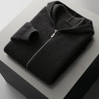 Men's textured hooded zip cardigan with long sleeves and front pockets