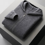 Men's textured hooded zip cardigan with long sleeves and front pockets