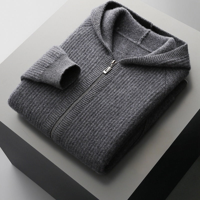 Men's textured hooded zip cardigan with long sleeves and front pockets