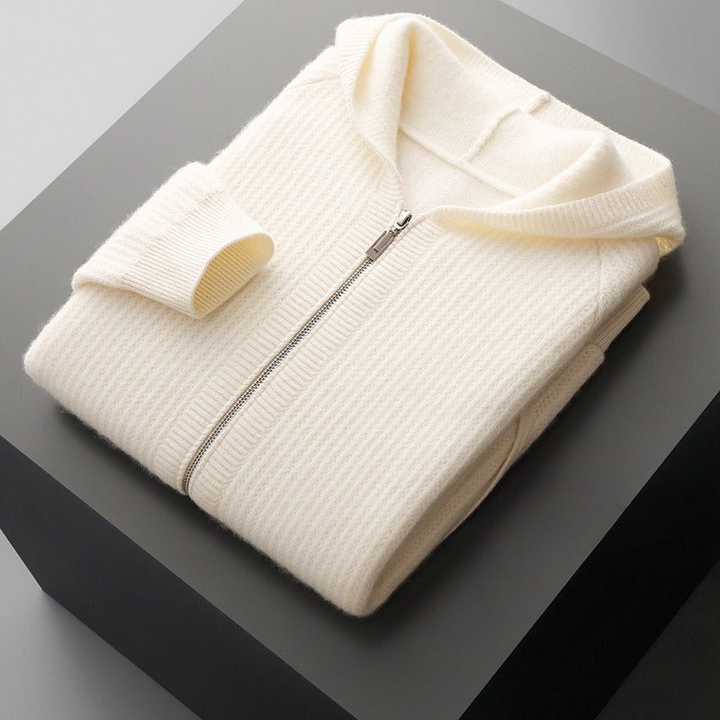 Men's textured hooded zip cardigan with long sleeves and front pockets