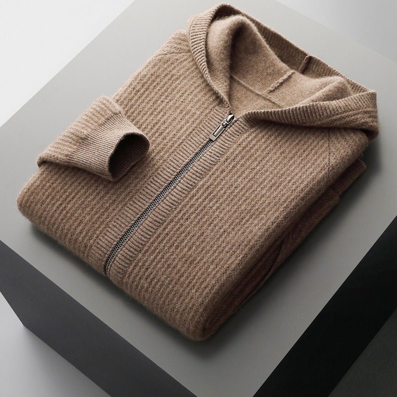 Men's textured hooded zip cardigan with long sleeves and front pockets