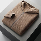 Men's textured hooded zip cardigan with long sleeves and front pockets
