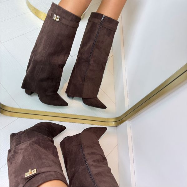 Women's black pointed toe knee-high boots with buckle detail