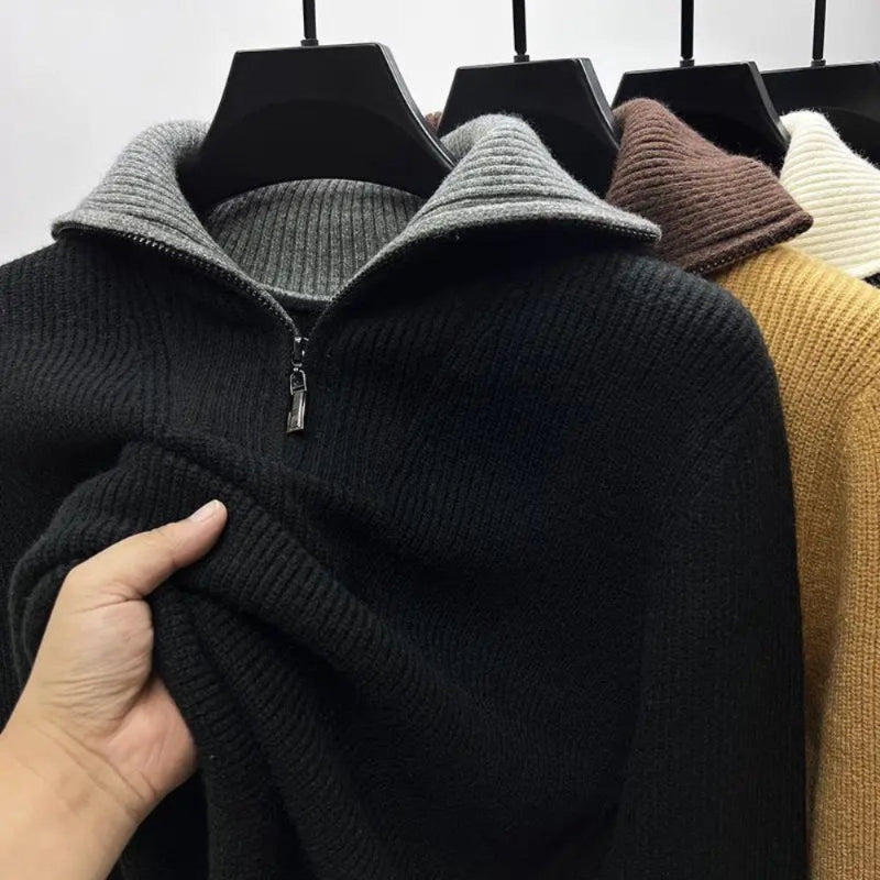 Men's ribbed quarter-zip high-neck sweater with long sleeves