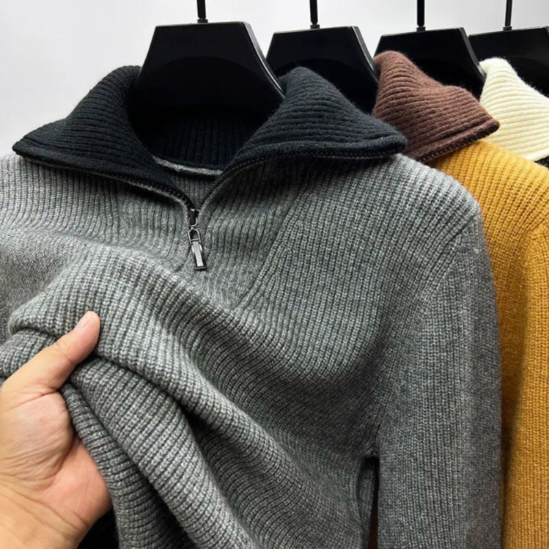Men's ribbed quarter-zip high-neck sweater with long sleeves