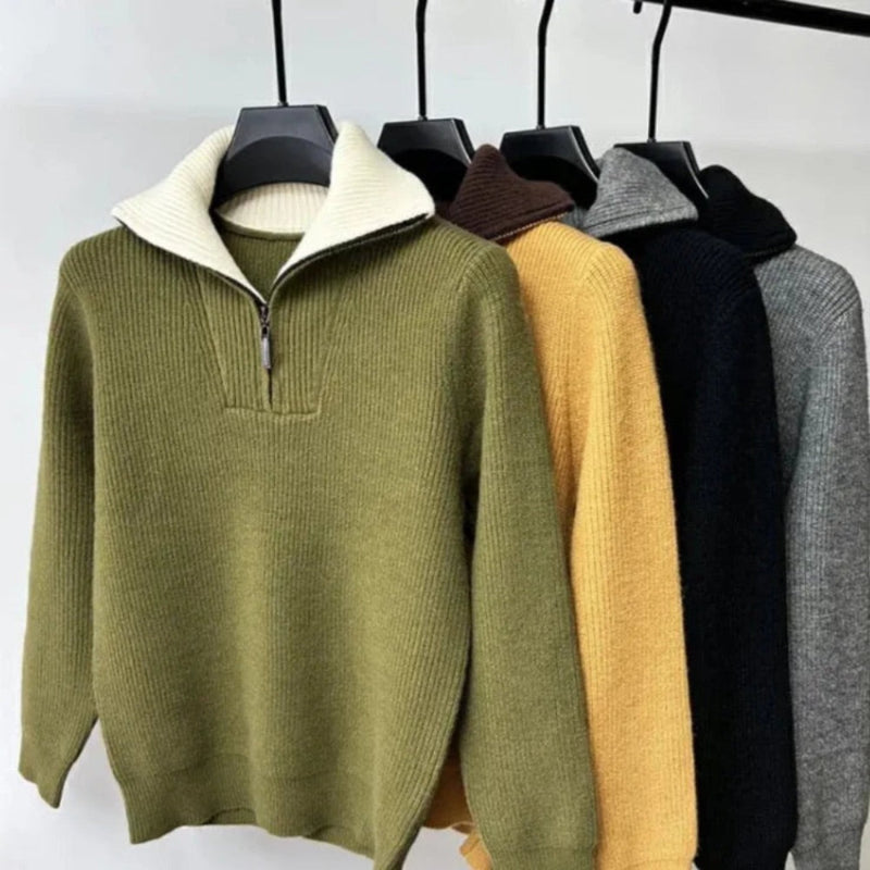 Men's ribbed quarter-zip high-neck sweater with long sleeves