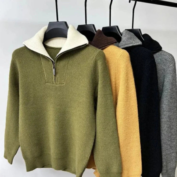 Men's ribbed quarter-zip high-neck sweater with long sleeves