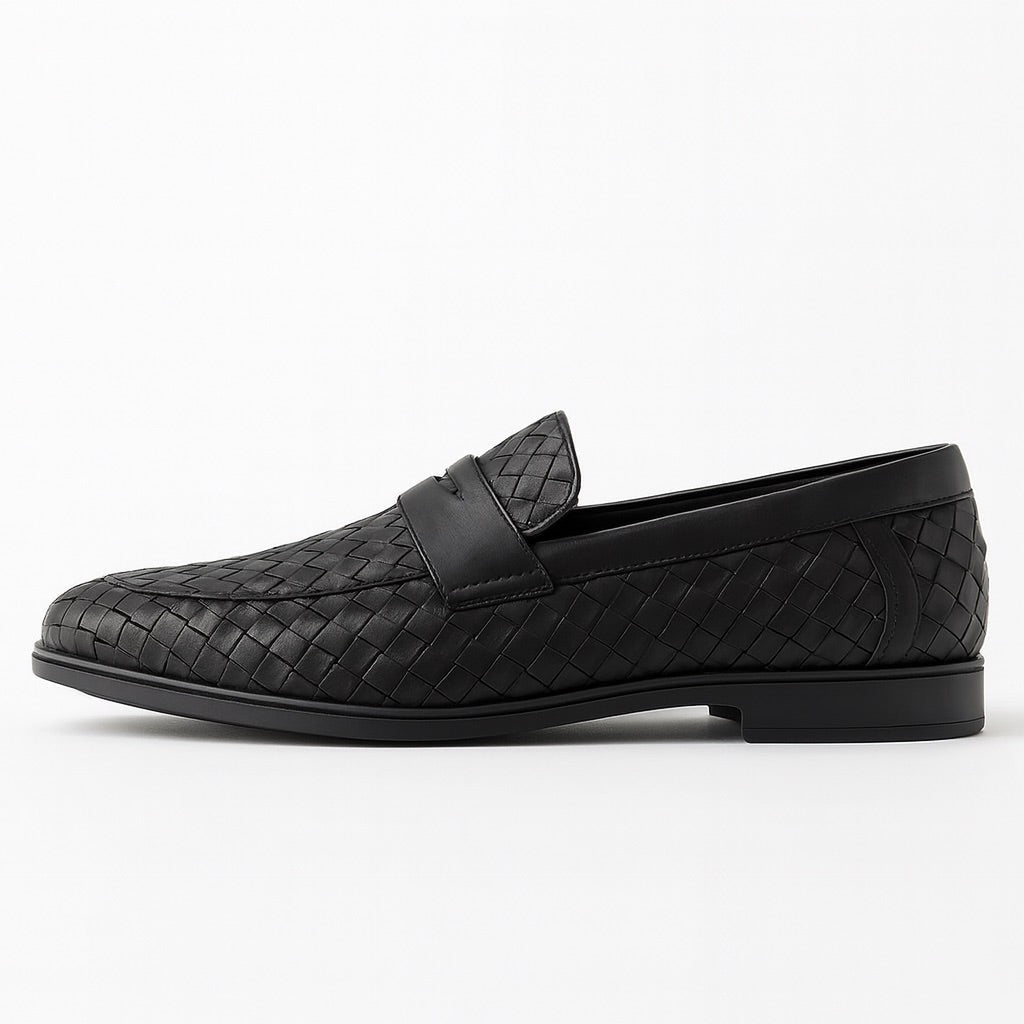 Men's woven moccasin loafers with penny strap and flat sole