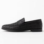 Men's woven moccasin loafers with penny strap and flat sole