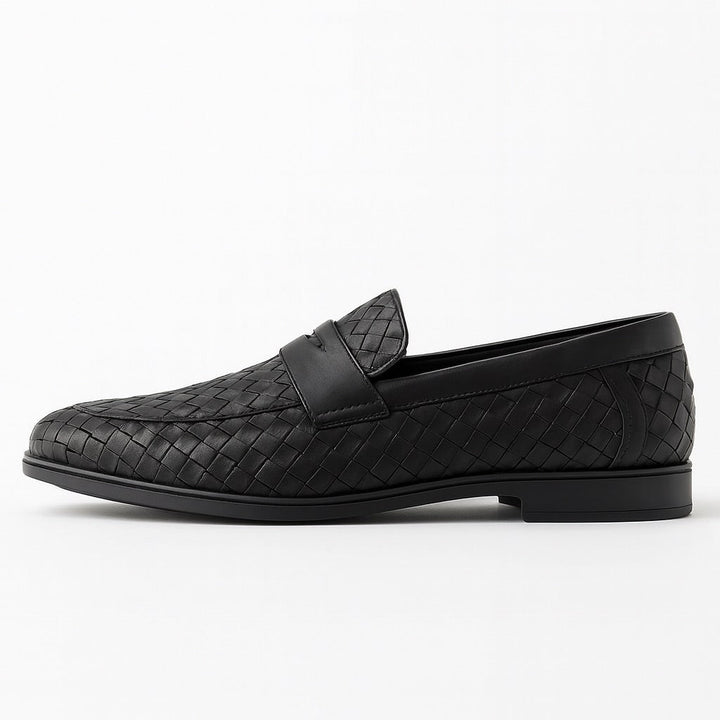 Men's woven moccasin loafers with penny strap and flat sole