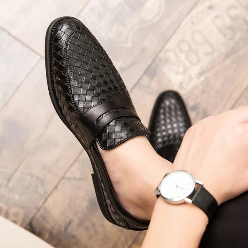 Men's woven moccasin loafers with penny strap and flat sole